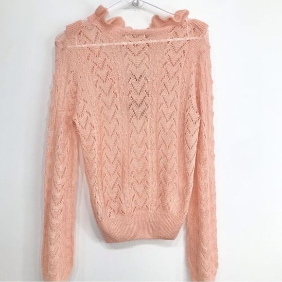 Listicle Pale Pink Ruffle Yoke Feminine Romantic Open Knit Pullover Sweater NEW - Picture 8 of 16